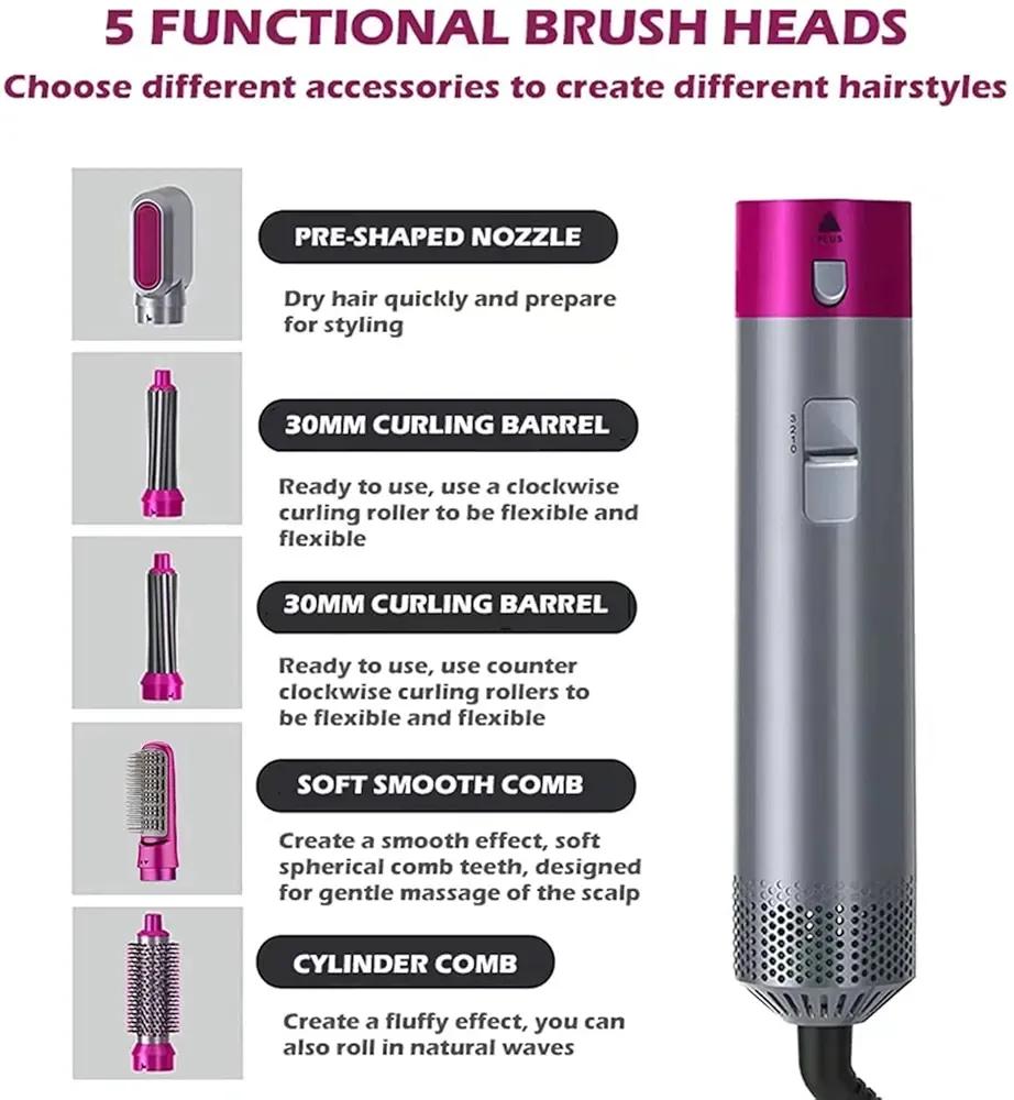 5-in-1 Hair Curler & Straightener Pink Silver ABS