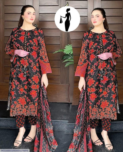 3-Piece Swiss Lawn Floral Suit Red Black