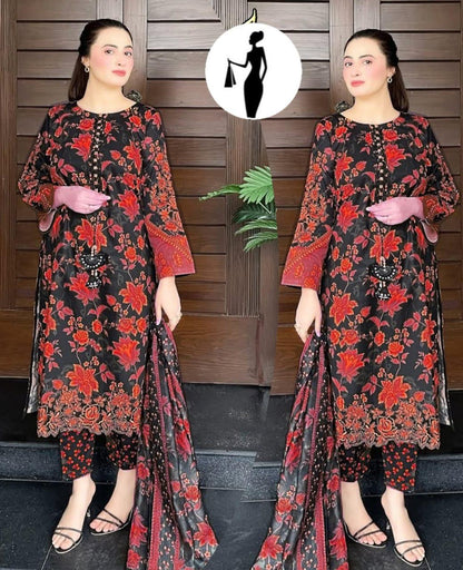 3-Piece Swiss Lawn Floral Suit Red Black
