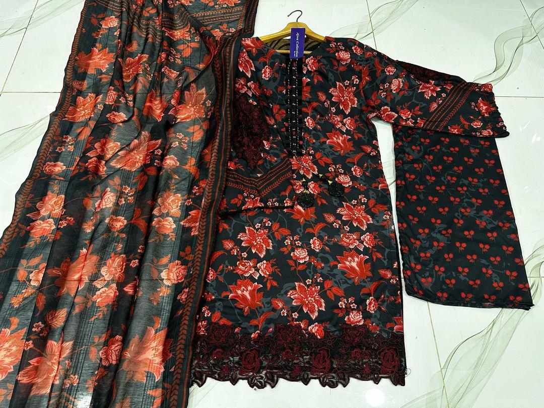 3-Piece Swiss Lawn Floral Suit Red Black