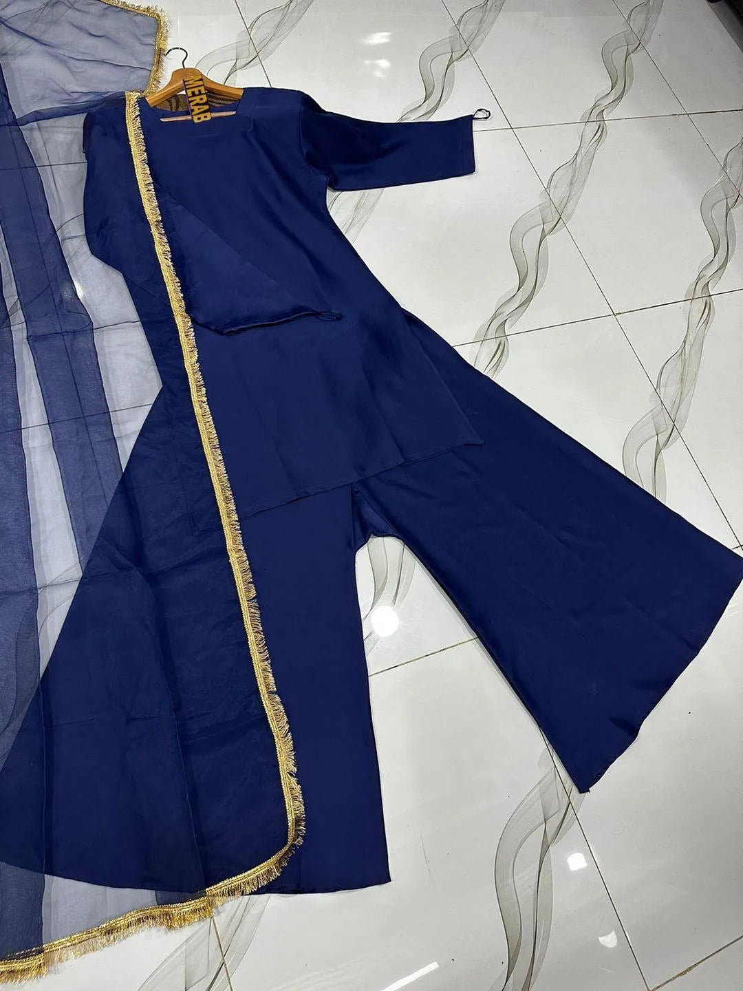 Long Flare Sharara With Lace Dupatta 3Pcs