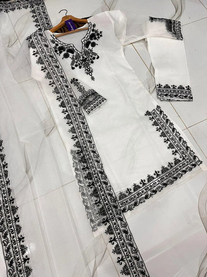 White Organza Embroidered 3Pcs Women Suit