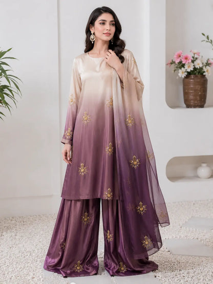 Multi Shaded Digital Printed Shamoz Silk 3 Piece Suit for Women | Embroidered Sequence Work Shirt | Pure Apple Silk Dupatta | Unstitched Pakistani Party Wear Dress