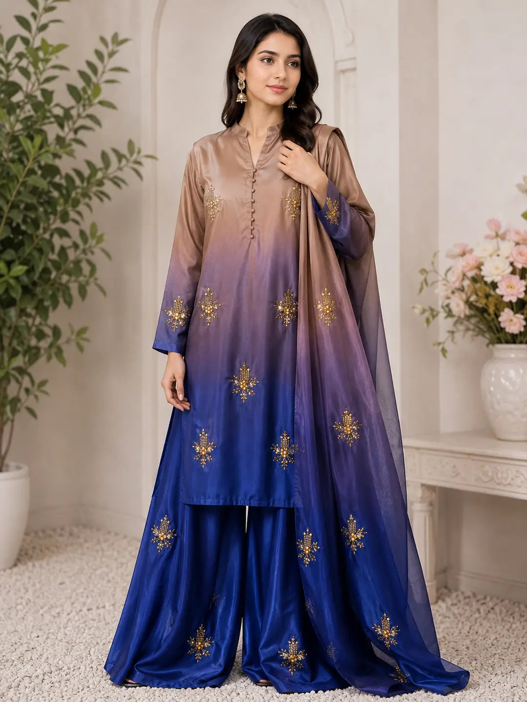 Multi Shaded Digital Printed Shamoz Silk 3 Piece Suit for Women | Embroidered Sequence Work Shirt | Pure Apple Silk Dupatta | Unstitched Pakistani Party Wear Dress