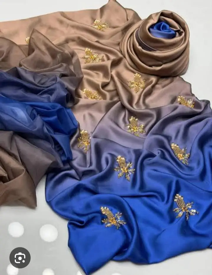 Multi Shaded Digital Printed Shamoz Silk 3 Piece Suit for Women | Embroidered Sequence Work Shirt | Pure Apple Silk Dupatta | Unstitched Pakistani Party Wear Dress