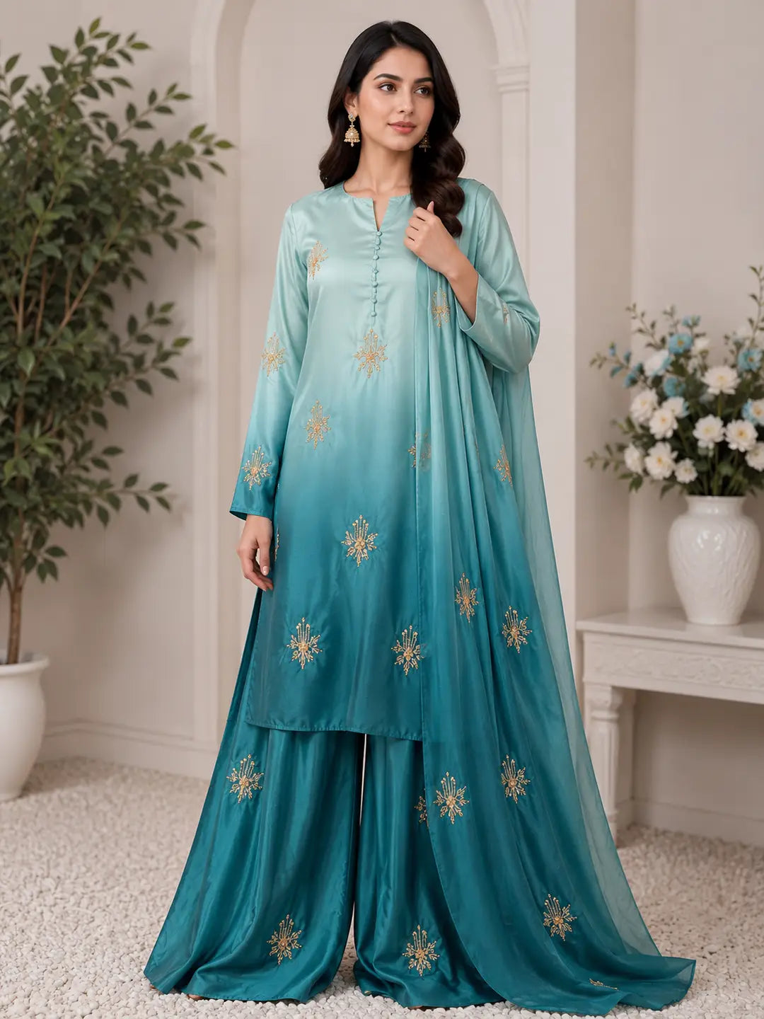 Multi Shaded Digital Printed Shamoz Silk 3 Piece Suit for Women | Embroidered Sequence Work Shirt | Pure Apple Silk Dupatta | Unstitched Pakistani Party Wear Dress