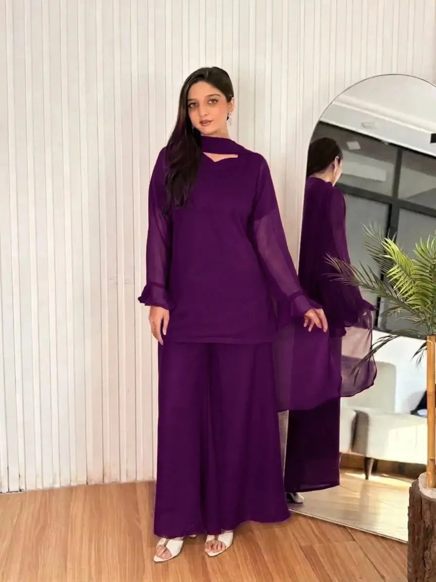 Women's Chiffon Short Shirt Palazzo 3 Piece Suit – Body Fitting Short Shirt with Back Luppi Dori Work, Chiffon Palazzo & Plain Dupatta | Pakistani Stitched Dress