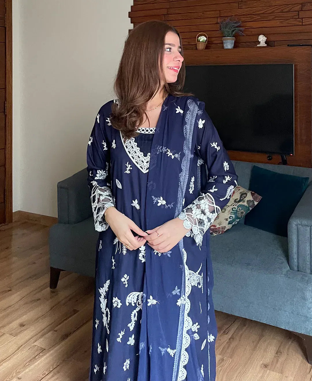 Navy Monarch - 3 Piece Lawn Cotton Embroidered Dress