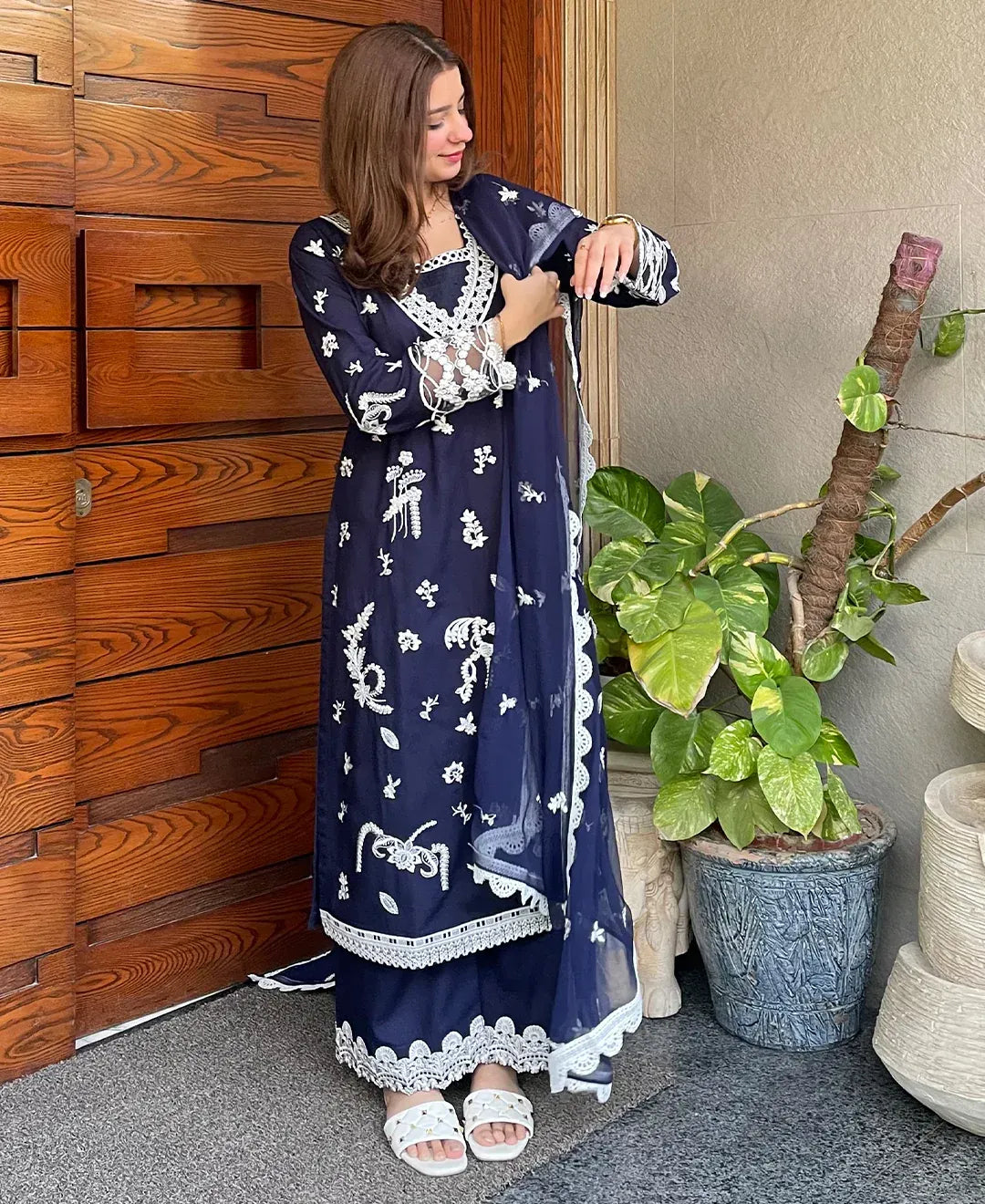 Navy Monarch - 3 Piece Lawn Cotton Embroidered Dress