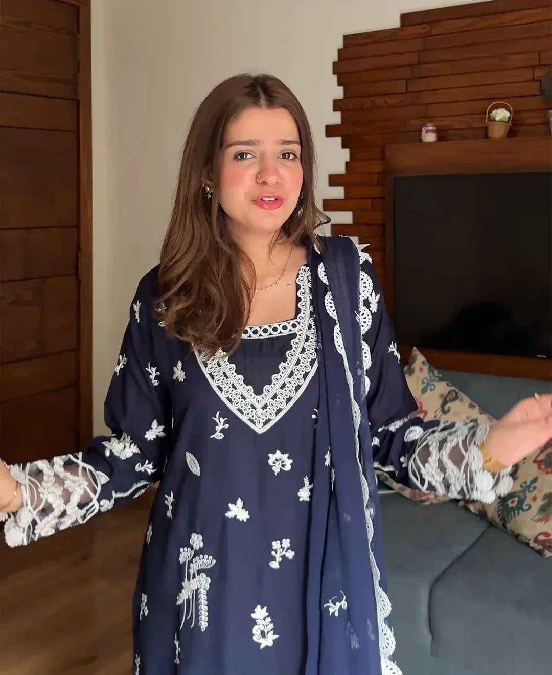 Navy Monarch - 3 Piece Lawn Cotton Embroidered Dress