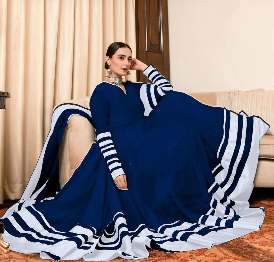 Blue Applique Crinkle Chiffon Maxi Set for Women
