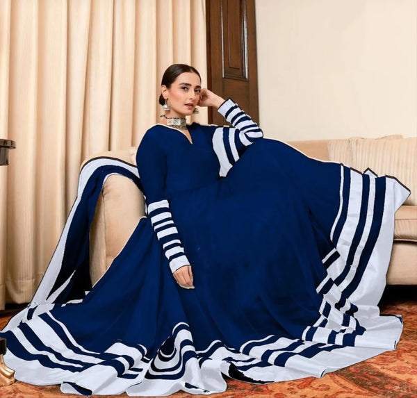 Blue Applique Crinkle Chiffon Maxi Set for Women