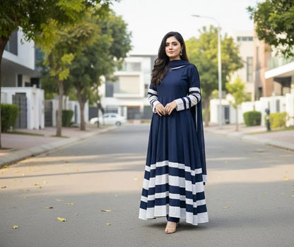 Blue Applique Crinkle Chiffon Maxi Set for Women