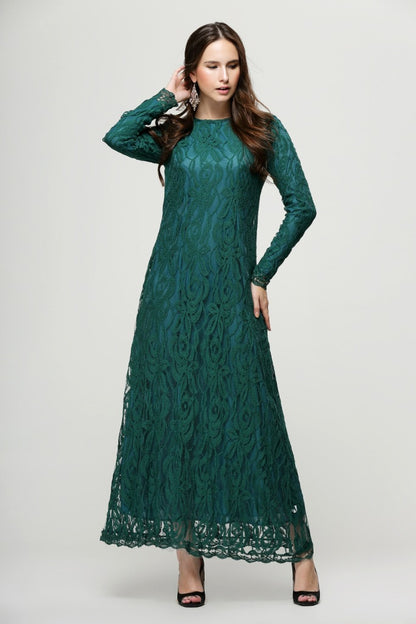 Vintage Women Wear Lace Long Sleeve Maxi Dress Kaftan