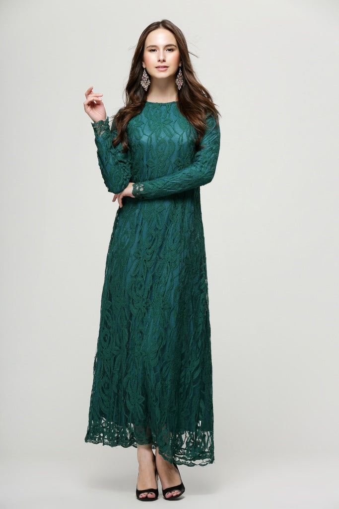 Vintage Women Wear Lace Long Sleeve Maxi Dress Kaftan