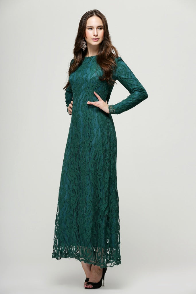 Vintage Women Wear Lace Long Sleeve Maxi Dress Kaftan