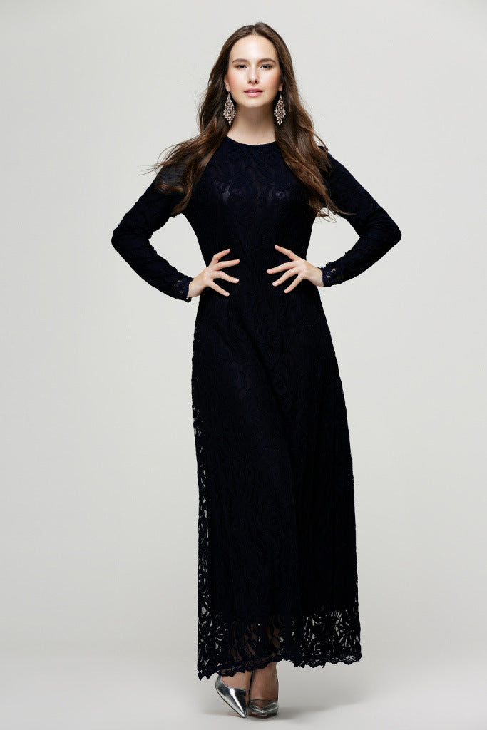 Vintage Women Wear Lace Long Sleeve Maxi Dress Kaftan