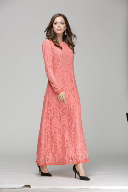 Vintage Women Wear Lace Long Sleeve Maxi Dress Kaftan