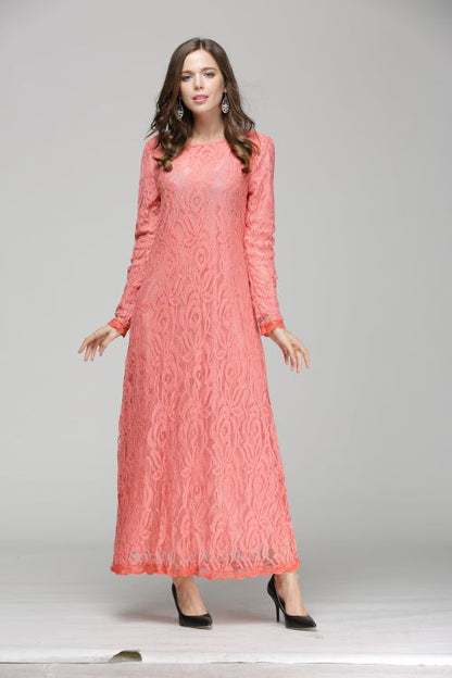 Vintage Women Wear Lace Long Sleeve Maxi Dress Kaftan