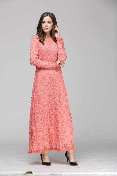 Vintage Women Wear Lace Long Sleeve Maxi Dress Kaftan