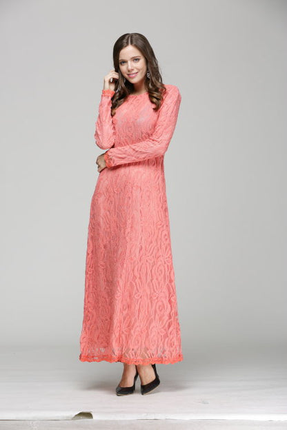 Vintage Women Wear Lace Long Sleeve Maxi Dress Kaftan