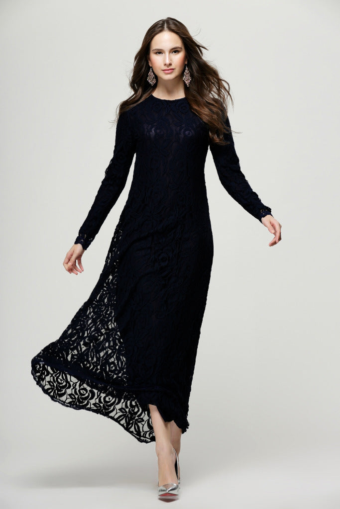 Vintage Women Wear Lace Long Sleeve Maxi Dress Kaftan