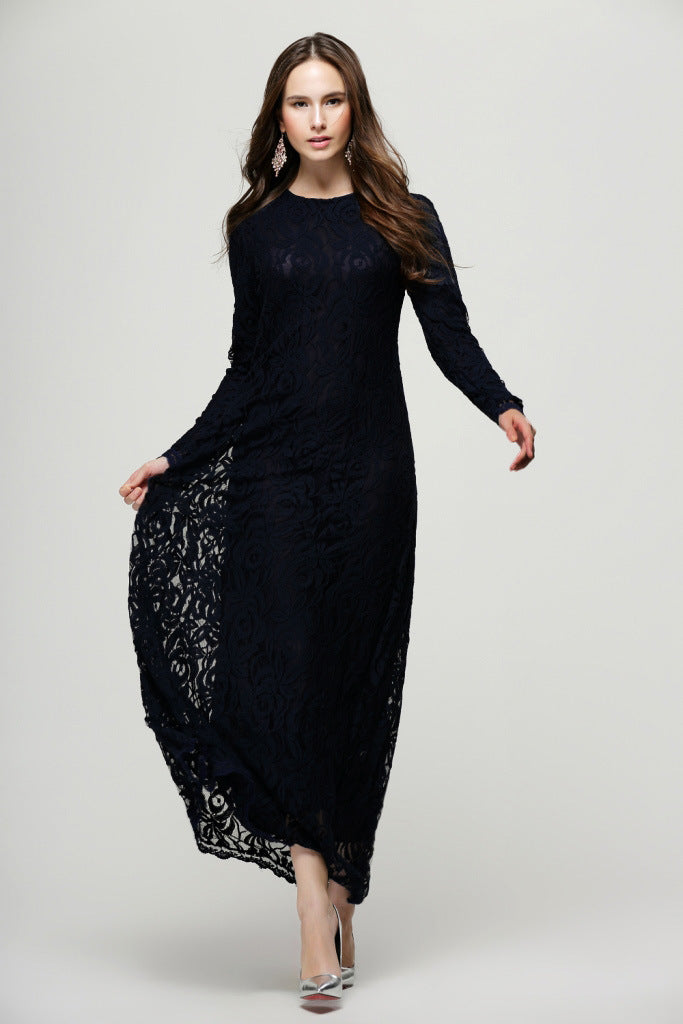 Vintage Women Wear Lace Long Sleeve Maxi Dress Kaftan