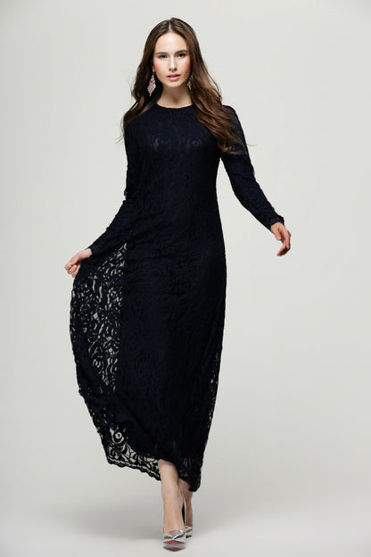 Vintage Women Wear Lace Long Sleeve Maxi Dress Kaftan