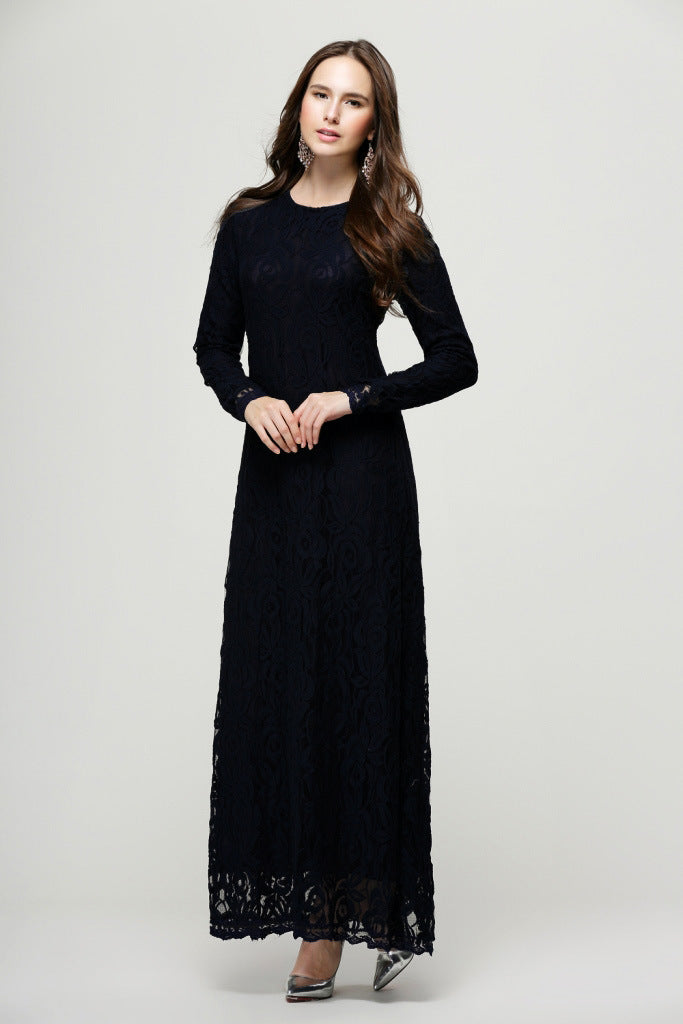 Vintage Women Wear Lace Long Sleeve Maxi Dress Kaftan