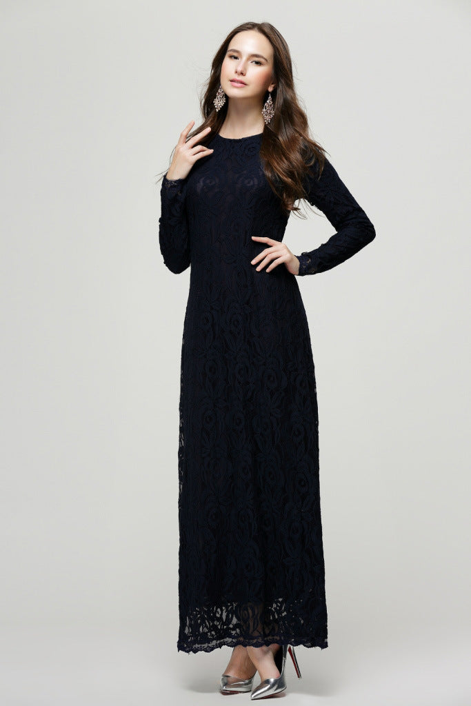 Vintage Women Wear Lace Long Sleeve Maxi Dress Kaftan
