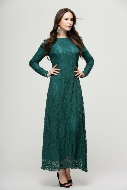 Vintage Women Wear Lace Long Sleeve Maxi Dress Kaftan