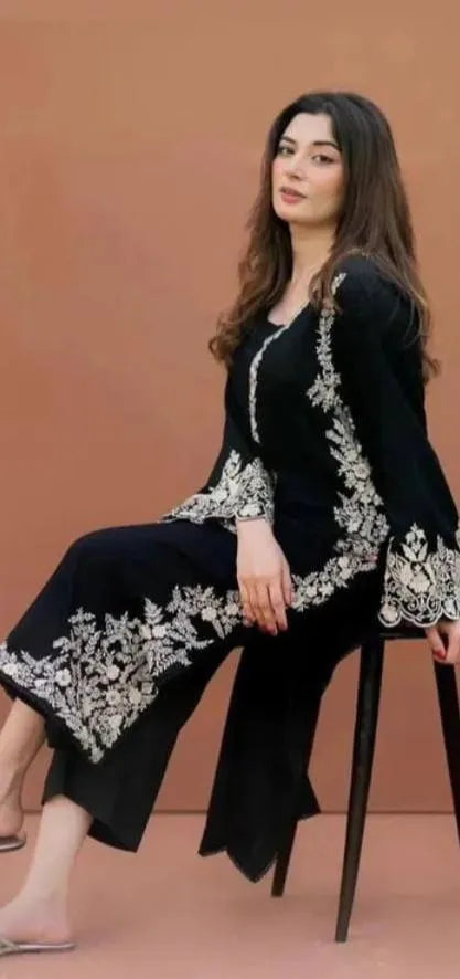 Black Embroidered Pakistani Suit with Linen Trouser & Chiffon Dupatta