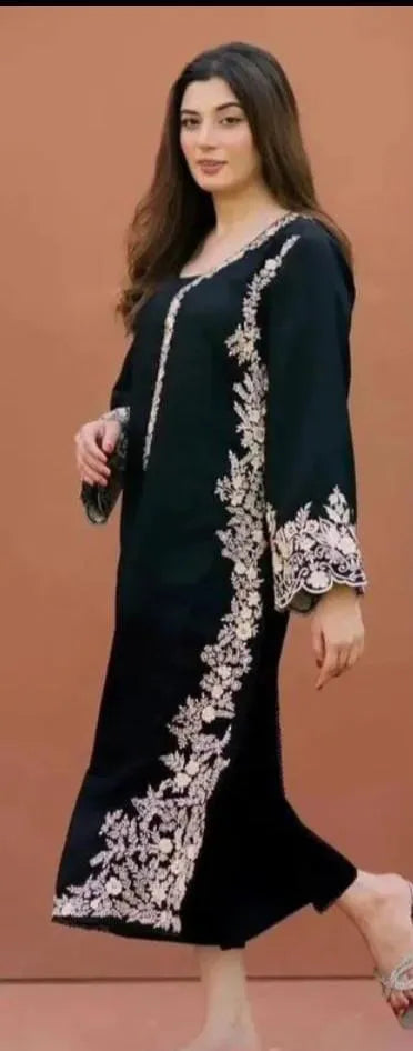 Black Embroidered Pakistani Suit with Linen Trouser & Chiffon Dupatta
