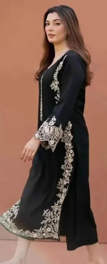 Black Embroidered Pakistani Suit with Linen Trouser & Chiffon Dupatta