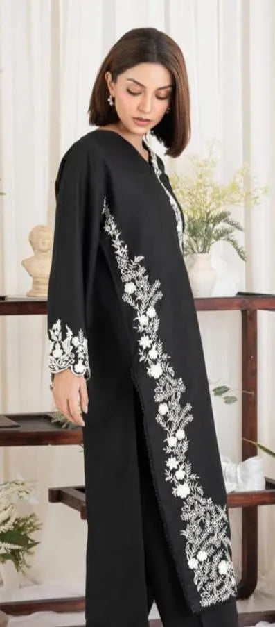 Black Embroidered Pakistani Suit with Linen Trouser & Chiffon Dupatta