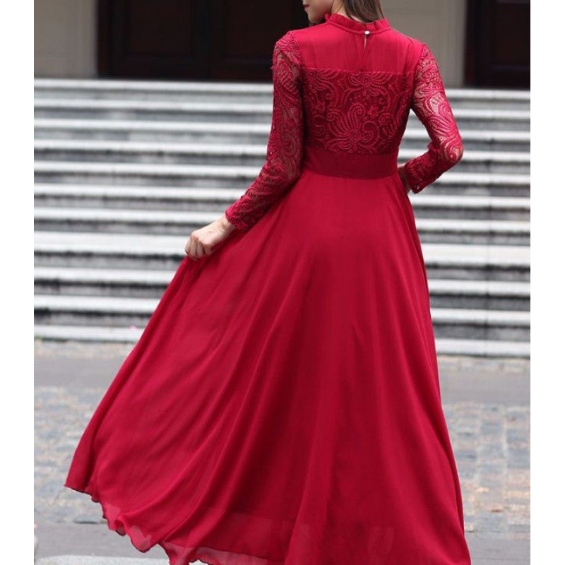 Charming Long Lace Sleeves Pleated Chiffon Long Red Maxi Dress