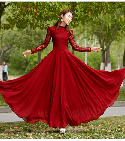 Charming Long Lace Sleeves Pleated Chiffon Long Red Maxi Dress