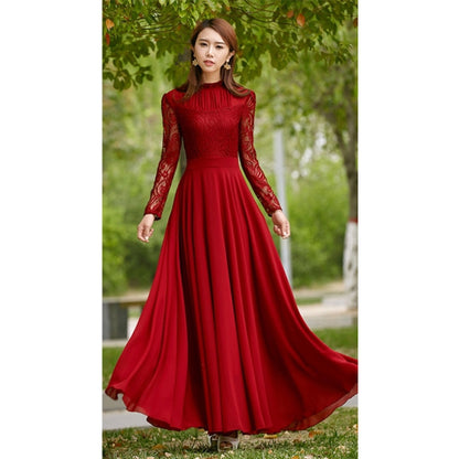 Charming Long Lace Sleeves Pleated Chiffon Long Red Maxi Dress