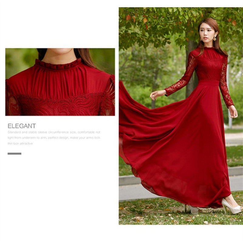 Charming Long Lace Sleeves Pleated Chiffon Long Red Maxi Dress
