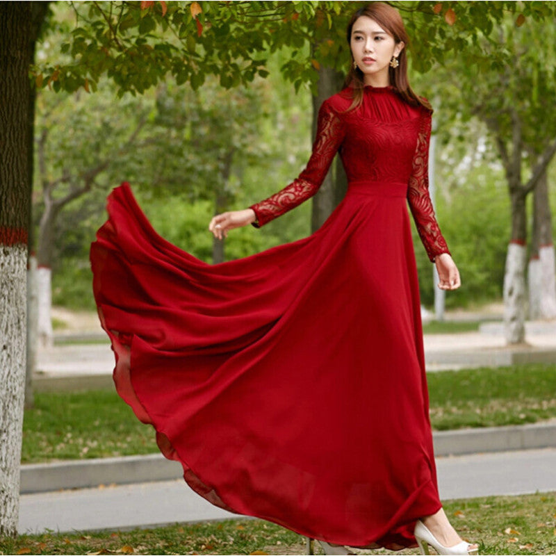 Charming Long Lace Sleeves Pleated Chiffon Long Red Maxi Dress