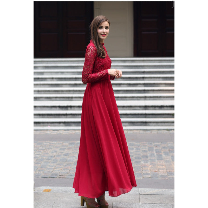 Charming Long Lace Sleeves Pleated Chiffon Long Red Maxi Dress