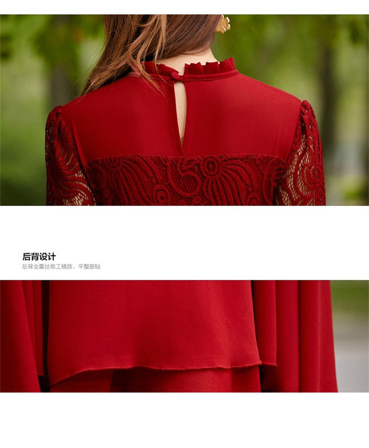 Charming Long Lace Sleeves Pleated Chiffon Long Red Maxi Dress
