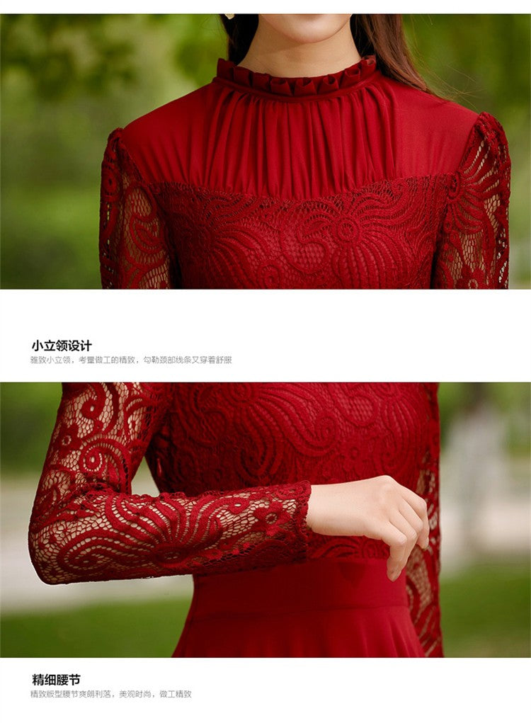 Charming Long Lace Sleeves Pleated Chiffon Long Red Maxi Dress