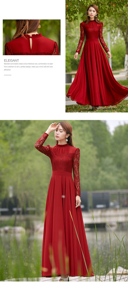 Charming Long Lace Sleeves Pleated Chiffon Long Red Maxi Dress