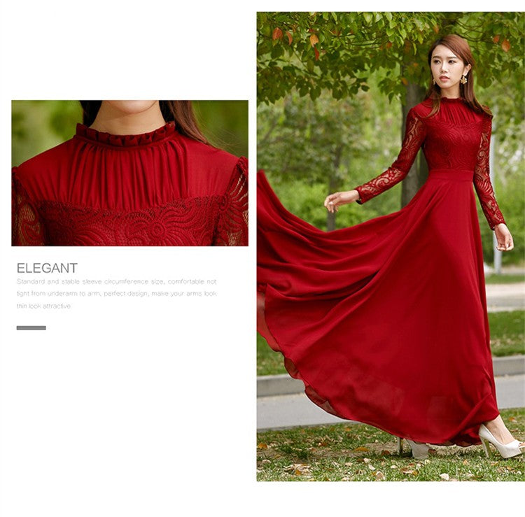 Charming Long Lace Sleeves Pleated Chiffon Long Red Maxi Dress