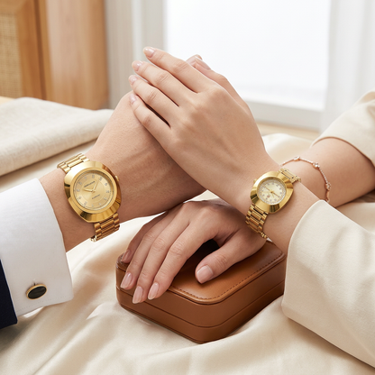 Gold Couple Watches Set Rose Gold Chain Strap 2 Pcs